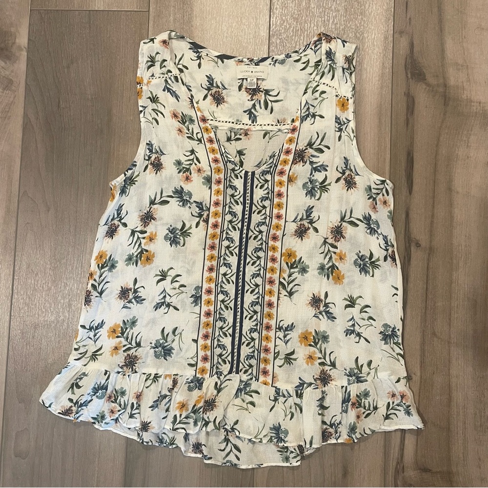 Lucky Brand Floral Sleeveless Blouse - Cream and Blue